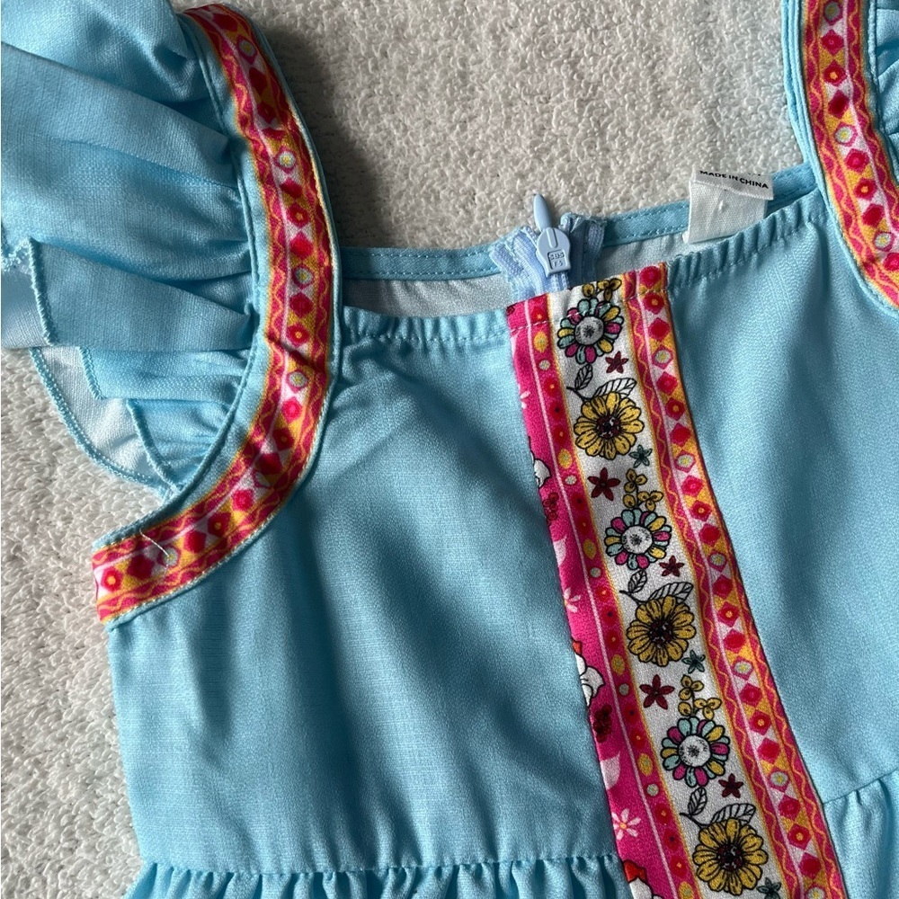 Spring Summer blue dress, with floral embellishments. Sz 18-24 months, back zip - Picture 2 of 3